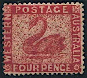 1865, Western Australia, 4 d. carmine  - Asta Storia Postale e Filatelia - Associazione Nazionale - Case d'Asta italiane