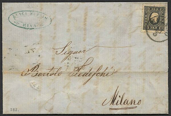 1859, Austria, 3 kreuzer nero I tipo (S. 7) su lettera.  - Asta Storia Postale e Filatelia - Associazione Nazionale - Case d'Asta italiane