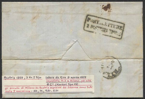 1859, Austria, 3 kreuzer nero I tipo (S. 7) su lettera.  - Asta Storia Postale e Filatelia - Associazione Nazionale - Case d'Asta italiane