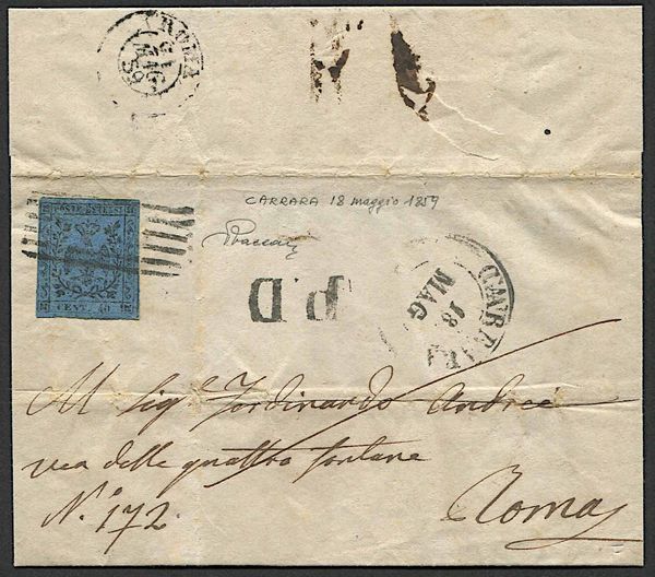1859, Modena, lettera da Carrara per Roma del 18 maggio 1860  - Asta Storia Postale e Filatelia - Associazione Nazionale - Case d'Asta italiane