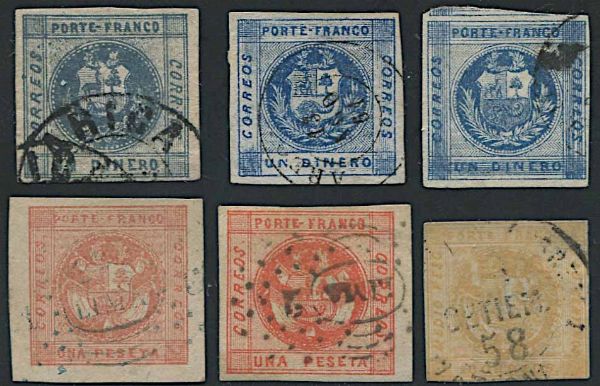 1858/60, Per, 1 dinero, five examples  - Asta Storia Postale e Filatelia - Associazione Nazionale - Case d'Asta italiane