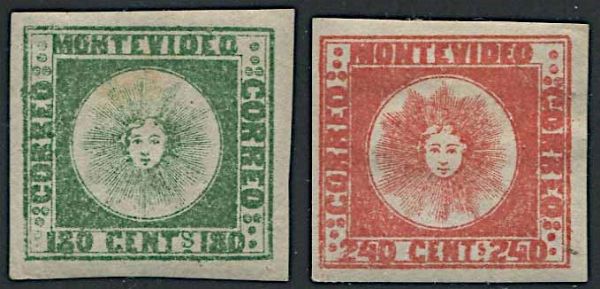 1858, Uruguay, 180 cent. green and 240 cent. red  - Asta Storia Postale e Filatelia - Associazione Nazionale - Case d'Asta italiane