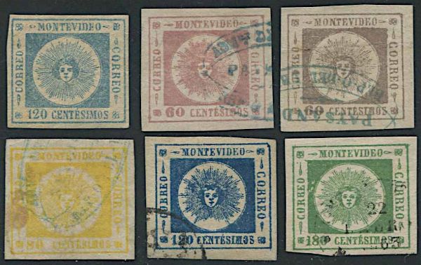 1859/62, Uruguay, Sun issue, nine different values  - Asta Storia Postale e Filatelia - Associazione Nazionale - Case d'Asta italiane