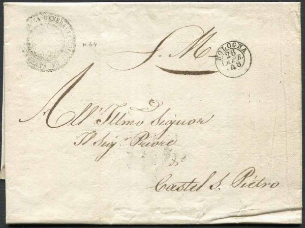 1848, lettera completa da Bologna per Castel San Pietro del 28 aprile  - Asta Storia Postale e Filatelia - Associazione Nazionale - Case d'Asta italiane