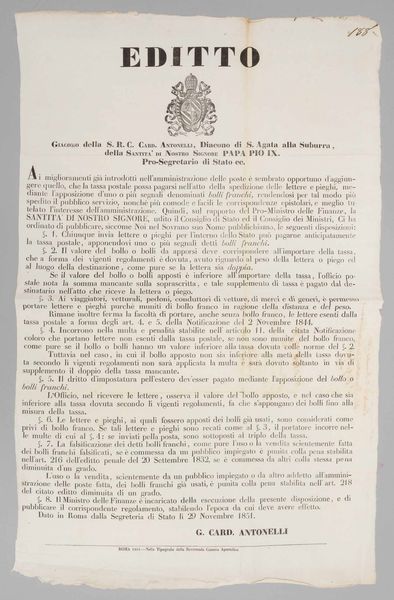1851, Stato Pontificio, Editto del Cardinale Antonelli, Roma 29 novembre 1851  - Asta Storia Postale e Filatelia - Associazione Nazionale - Case d'Asta italiane