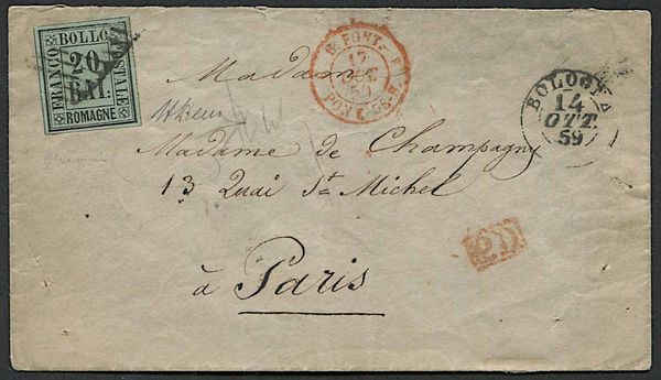 1859, Romagne, lettera da Bologna per Parigi del 14 ottobre 1859  - Asta Storia Postale e Filatelia - Associazione Nazionale - Case d'Asta italiane