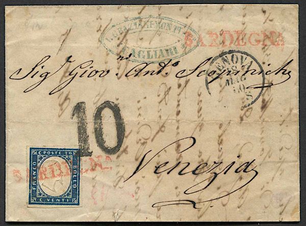 1860, Sardegna, lettera da Cagliari per Venezia del 12 maggio 1860  - Asta Storia Postale e Filatelia - Associazione Nazionale - Case d'Asta italiane