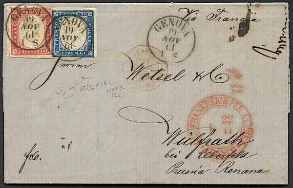 1861, Sardegna, lettera da Genova per Wuelfrath (Prussia) del 19 novembre 1861  - Asta Storia Postale e Filatelia - Associazione Nazionale - Case d'Asta italiane