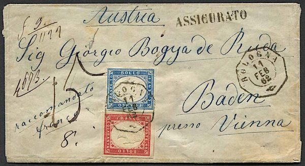 1862, Sardegna, raccomandata da Bologna per Baden (Austria) dell11 febbraio 1862  - Asta Storia Postale e Filatelia - Associazione Nazionale - Case d'Asta italiane