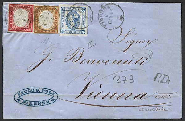 1863, Sardegna, lettera da Firenze per Vienna dell8 giugno 1863  - Asta Storia Postale e Filatelia - Associazione Nazionale - Case d'Asta italiane