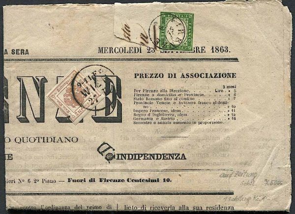 1863, Sardegna, Giornale �Firenze�, completo di quattro pagine  - Asta Storia Postale e Filatelia - Associazione Nazionale - Case d'Asta italiane