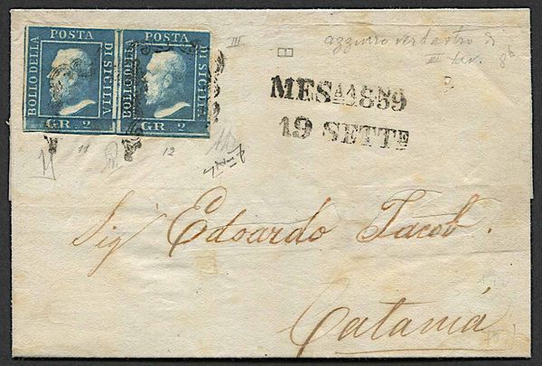 1859, Sicilia, lettera doppio porto da Messina a Catania del 19 settembre 1859  - Asta Storia Postale e Filatelia - Associazione Nazionale - Case d'Asta italiane