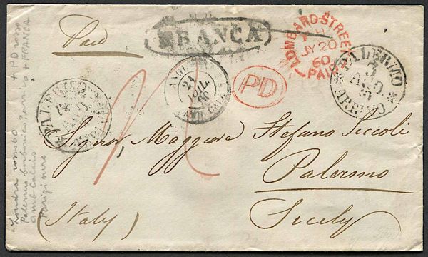 1860, Sicilia, lettera da Londra per Palermo del 20 luglio 1860  - Asta Storia Postale e Filatelia - Associazione Nazionale - Case d'Asta italiane