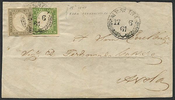1861, Sicilia, frontespizio completo di lettera da Messina per Avola del 17 giugno 1861  - Asta Storia Postale e Filatelia - Associazione Nazionale - Case d'Asta italiane