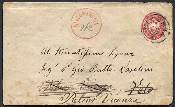 Intero postale raccomandato da 5 soldi da Vicenza per Velo dAstico del 12 aprile 1866  - Asta Storia Postale e Filatelia - Associazione Nazionale - Case d'Asta italiane