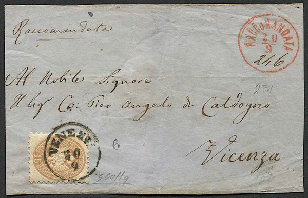 Frontespizio di raccomandata da Venezia (austriaca) per Vicenza (italiana), del 20 settembre 1866  - Asta Storia Postale e Filatelia - Associazione Nazionale - Case d'Asta italiane