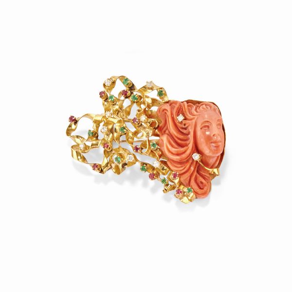 Spilla con corallo e pietre colorate  - Asta Gioielli - Associazione Nazionale - Case d'Asta italiane