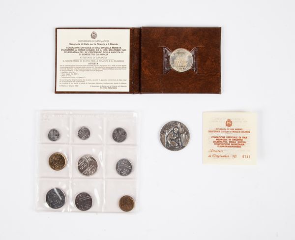 Lotto 1 serie completa 1980, 1.000 Lire 1980 e una medaglia d'argento 1982 San Marino  - Asta Numismatica: Monete, Medaglie e Carta Moneta - Associazione Nazionale - Case d'Asta italiane