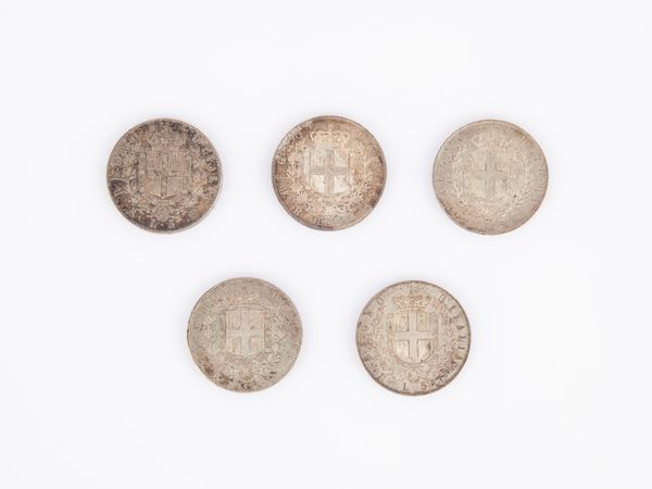 5 monete da 5 Lire Vittorio Emanuele II Regno d'Italia  - Asta Numismatica: Monete, Medaglie e Carta Moneta - Associazione Nazionale - Case d'Asta italiane