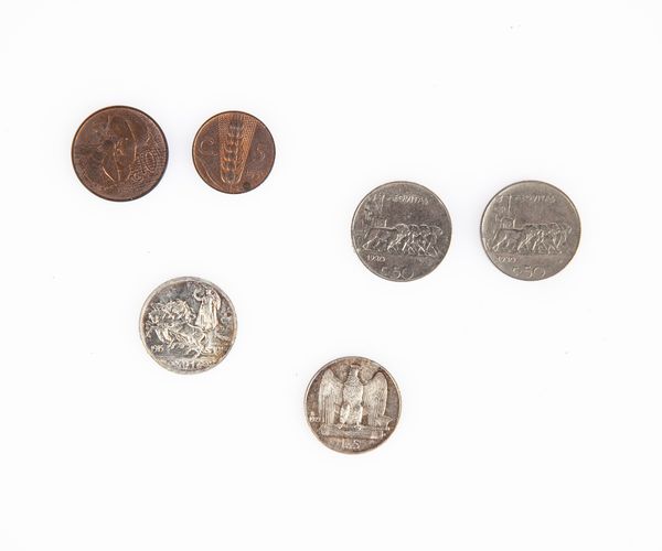 Lotto monete Vittorio Emanuele III Regno d'Italia: 5 Lire 1929; 1 Lira 1915; 50 cts. 1920 bordo rigato; 50 cts. 1920 bordo liscio; 10 cts. 1931; 5 cts. 1931  - Asta Numismatica: Monete, Medaglie e Carta Moneta - Associazione Nazionale - Case d'Asta italiane