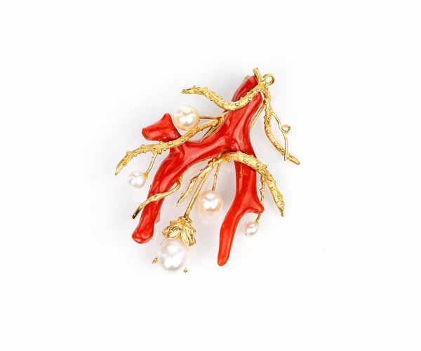 Spilla in oro, corallo e perle  - Asta Fine Jewels and Watches - Associazione Nazionale - Case d'Asta italiane