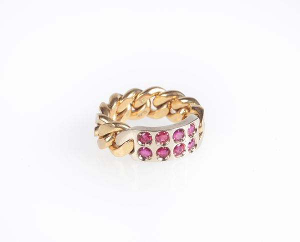 Pomellato - anello a maglia groumette in oro e rubini  - Asta Fine Jewels and Watches - Associazione Nazionale - Case d'Asta italiane
