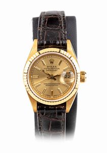 Rolex Date Just donna in oro, cinturino in pelle, vetro zaffiro  - Asta Fine Jewels and Watches - Associazione Nazionale - Case d'Asta italiane