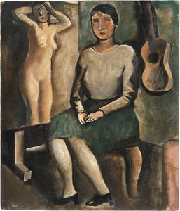 Mario Sironi - Figura femminile seduta, chitarra e dipinto (nudo) su cavalletto