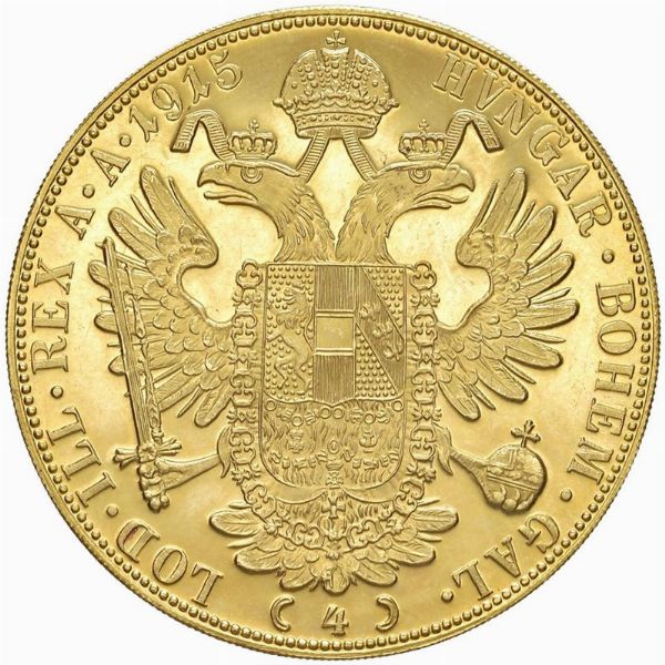 AUSTRIA. RICONIO DELLA MONETA DA 4 DUCATI 1915  - Asta MEDAGLIE DI VENEZIA. MONETE E MEDAGLIE IN ORO ESTERE - Associazione Nazionale - Case d'Asta italiane
