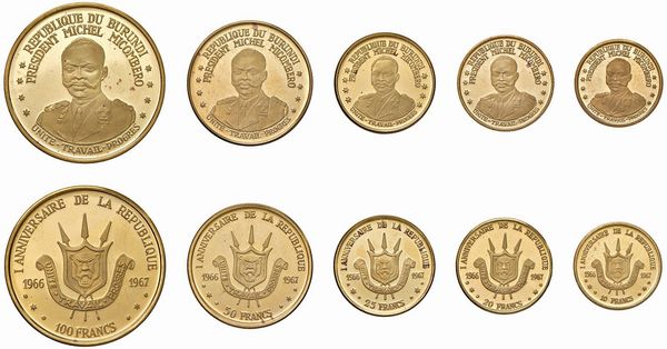 BURUNDI. REPUBBLICA (DAL 1966). SERIE COMPLETA DI CINQUE VALORI IN ORO 900 (100, 50, 25, 20 E 10 FRANCHI 1967) IN ASTUCCIO ORIGINALE E CERTIFICATO DI EMISSIONE N. 53  - Asta MEDAGLIE DI VENEZIA. MONETE E MEDAGLIE IN ORO ESTERE - Associazione Nazionale - Case d'Asta italiane