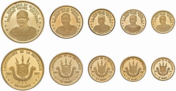 BURUNDI. REPUBBLICA (DAL 1966). SERIE COMPLETA DI CINQUE VALORI IN ORO 900 (100, 50, 25, 20 E 10 FRANCHI 1967) IN ASTUCCIO ORIGINALE E CERTIFICATO DI EMISSIONE N. 52  - Asta MEDAGLIE DI VENEZIA. MONETE E MEDAGLIE IN ORO ESTERE - Associazione Nazionale - Case d'Asta italiane