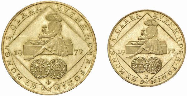CECOSLOVACCHIA. REPUBBLICA SOCIALISTA (1960-1990). ZECCA DI KREMNITZ. SET DI DUE MONETE IN ORO (2 E 4 DUCATI 1972) DELLA SERIE “KUTNÀ HORA” IN ASTUCCIO ORIGINALE DI LEGNO CON INCISIONI IN ORO  - Asta MEDAGLIE DI VENEZIA. MONETE E MEDAGLIE IN ORO ESTERE - Associazione Nazionale - Case d'Asta italiane
