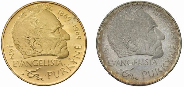 CECOSLOVACCHIA. REPUBBLICA SOCIALISTA (1960-1990). ZECCA DI KREMNITZ. UNA MEDAGLIA IN ORO E UNA MONETA D&rsquo;ARGENTO (25 CORONE) DELLA SERIE &ldquo;JEAN EVANGELISTA PURKYN&Ecirc; (1869-1969)&rdquo; IN ASTUCCIO ORIGINALE  - Asta MEDAGLIE DI VENEZIA. MONETE E MEDAGLIE IN ORO ESTERE - Associazione Nazionale - Case d'Asta italiane