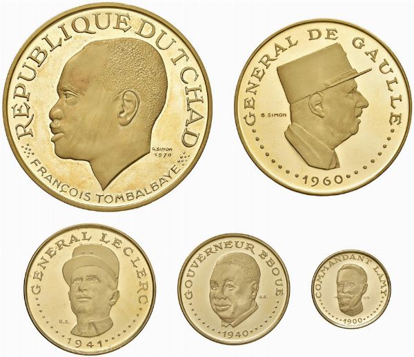 CIAD. REPUBBLICA (DAL 1960). IN OCCASIONE DEL X ANNIVERSARIO DELL&rsquo;INDIPENDENZA (1960-1970). SERIE COMPLETA DI CINQUE VALORI IN ORO 900 (20.000, 10.000, 5.000, 3.000 E 1.000 FRANCHI) IN ASTUCCIO ORIGINALE E CERTIFICATO DI EMISSIONE N. 598 (MINTAGE 4.000)  - Asta MEDAGLIE DI VENEZIA. MONETE E MEDAGLIE IN ORO ESTERE - Associazione Nazionale - Case d'Asta italiane