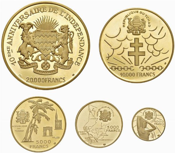 CIAD. REPUBBLICA (DAL 1960). IN OCCASIONE DEL X ANNIVERSARIO DELL&rsquo;INDIPENDENZA (1960-1970). SERIE COMPLETA DI CINQUE VALORI IN ORO 900 (20.000, 10.000, 5.000, 3.000 E 1.000 FRANCHI) IN ASTUCCIO ORIGINALE E CERTIFICATO DI EMISSIONE N. 598 (MINTAGE 4.000)  - Asta MEDAGLIE DI VENEZIA. MONETE E MEDAGLIE IN ORO ESTERE - Associazione Nazionale - Case d'Asta italiane