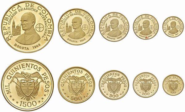COLOMBIA. REPUBBLICA (DAL 1886). SERIE COMPLETA DI CINQUE VALORI IN ORO (1.500, 500, 300, 200, 100 PESOS 1968) IN ASTUCCIO ORIGINALE E CERTIFICATO DI EMISSIONE N. 254  - Asta MEDAGLIE DI VENEZIA. MONETE E MEDAGLIE IN ORO ESTERE - Associazione Nazionale - Case d'Asta italiane