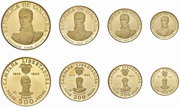 COLOMBIA. REPUBBLICA (DAL 1886). SERIE COMPLETA DI CINQUE VALORI IN ORO (1.500, 500, 300, 200, 100 PESOS 1969) IN ASTUCCIO ORIGINALE E CERTIFICATO DI EMISSIONE  - Asta MEDAGLIE DI VENEZIA. MONETE E MEDAGLIE IN ORO ESTERE - Associazione Nazionale - Case d'Asta italiane