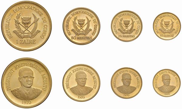 CONGO. REPUBBLICA (DAL 1860). SERIE COMPLETA DI QUATTRO VALORI IN ORO (1 ZÄIRE, 50 E 25 MAKUTAS, 10 GENGIS 1970) IN ASTUCCIO ORIGINALE E CERTIFICATO DI EMISSIONE N. 58  - Asta MEDAGLIE DI VENEZIA. MONETE E MEDAGLIE IN ORO ESTERE - Associazione Nazionale - Case d'Asta italiane