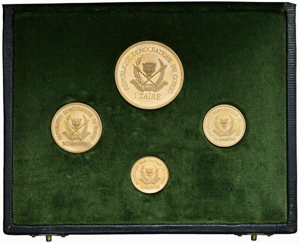 CONGO. REPUBBLICA (DAL 1860). SERIE COMPLETA DI QUATTRO VALORI IN ORO (1 ZÄIRE, 50 E 25 MAKUTAS, 10 GENGIS 1970) IN ASTUCCIO ORIGINALE E CERTIFICATO DI EMISSIONE N. 58  - Asta MEDAGLIE DI VENEZIA. MONETE E MEDAGLIE IN ORO ESTERE - Associazione Nazionale - Case d'Asta italiane