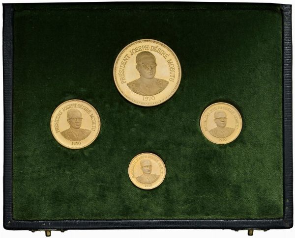 CONGO. REPUBBLICA (DAL 1860). SERIE COMPLETA DI QUATTRO VALORI IN ORO (1 ZÄIRE, 50 E 25 MAKUTAS, 10 GENGIS 1970) IN ASTUCCIO ORIGINALE E CERTIFICATO DI EMISSIONE N. 58  - Asta MEDAGLIE DI VENEZIA. MONETE E MEDAGLIE IN ORO ESTERE - Associazione Nazionale - Case d'Asta italiane