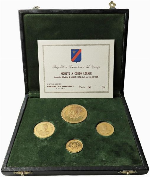 CONGO. REPUBBLICA (DAL 1860). SERIE COMPLETA DI QUATTRO VALORI IN ORO (1 ZÄIRE, 50 E 25 MAKUTAS, 10 GENGIS 1970) IN ASTUCCIO ORIGINALE E CERTIFICATO DI EMISSIONE N. 58  - Asta MEDAGLIE DI VENEZIA. MONETE E MEDAGLIE IN ORO ESTERE - Associazione Nazionale - Case d'Asta italiane