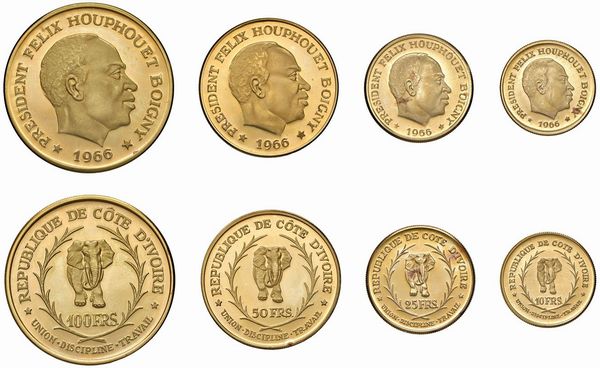 COSTA D’AVORIO. REPUBBLICA (DAL 1960). SERIE COMPLETA DI QUATTRO VALORI IN ORO 900 (10, 25, 50 E 100 FRANCHI 1966) IN ASTUCCIO ORIGINALE E CERTIFICATO DI EMISSIONE N. 131  - Asta MEDAGLIE DI VENEZIA. MONETE E MEDAGLIE IN ORO ESTERE - Associazione Nazionale - Case d'Asta italiane