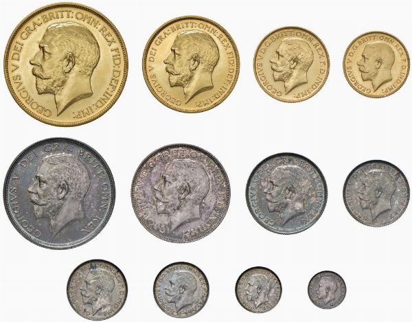 GRAN BRETAGNA. GIORGIO V (1910-1936). PROOF SET, LONDON MINT. CORONATION. 5 POUNDS (Au), 2 POUNDS (Au), SOVEREIGN (Au) E HALF SOVEREIGN (Au), HALF CROWN (Ar), FIORINO (Ar), SHILLING (Ar), SIXPENCE (Ar) E MAUNDY SET (Ar, 4 pz.). CON LA CUSTODIA ORIGINALE DI PRESENTAZIONE BORDEAUX E FREGI IN ORO  - Asta MEDAGLIE DI VENEZIA. MONETE E MEDAGLIE IN ORO ESTERE - Associazione Nazionale - Case d'Asta italiane