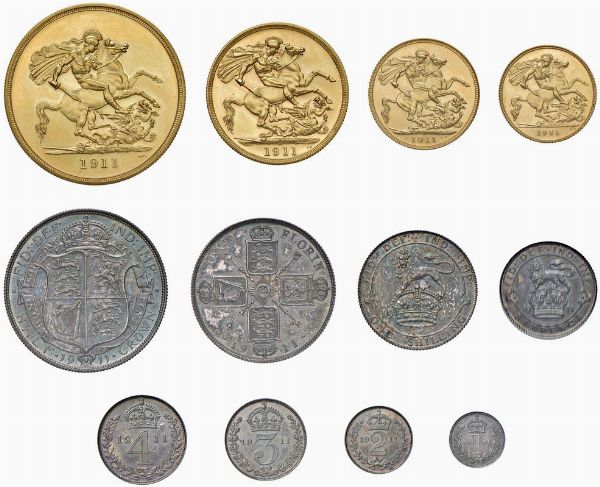 GRAN BRETAGNA. GIORGIO V (1910-1936). PROOF SET, LONDON MINT. CORONATION. 5 POUNDS (Au), 2 POUNDS (Au), SOVEREIGN (Au) E HALF SOVEREIGN (Au), HALF CROWN (Ar), FIORINO (Ar), SHILLING (Ar), SIXPENCE (Ar) E MAUNDY SET (Ar, 4 pz.). CON LA CUSTODIA ORIGINALE DI PRESENTAZIONE BORDEAUX E FREGI IN ORO  - Asta MEDAGLIE DI VENEZIA. MONETE E MEDAGLIE IN ORO ESTERE - Associazione Nazionale - Case d'Asta italiane