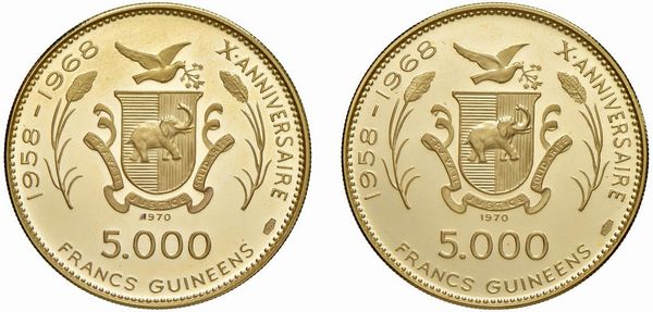 GUINEA. REPUBBLICA. DUE MONETE IN ORO 900 DA 5.000 FRANCHI 1970 CIASCUNA IN ASTUCCIO ORIGINALE E CERTIFICATO DI EMISSIONE  - Asta MEDAGLIE DI VENEZIA. MONETE E MEDAGLIE IN ORO ESTERE - Associazione Nazionale - Case d'Asta italiane