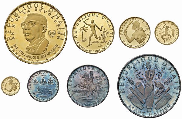 HAITI. REPUBBLICA (DAL 1804). SERIE COMPLETA DI OTTO VALORI (1.000, 200, 100, 50 E 20 GOURDES IN ORO; 25, 10 E 5 IN ARGENTO) 1967 IN ASTUCCIO ORIGINALE E CERTIFICATO DI EMISSIONE N. 159  - Asta MEDAGLIE DI VENEZIA. MONETE E MEDAGLIE IN ORO ESTERE - Associazione Nazionale - Case d'Asta italiane