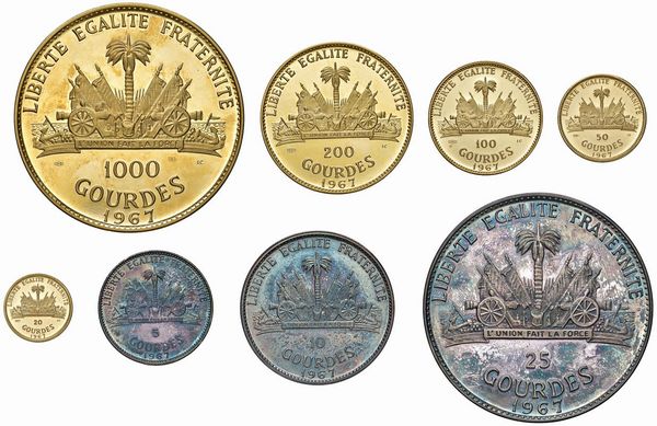 HAITI. REPUBBLICA (DAL 1804). SERIE COMPLETA DI OTTO VALORI (1.000, 200, 100, 50 E 20 GOURDES IN ORO; 25, 10 E 5 IN ARGENTO) 1967 IN ASTUCCIO ORIGINALE E CERTIFICATO DI EMISSIONE N. 159  - Asta MEDAGLIE DI VENEZIA. MONETE E MEDAGLIE IN ORO ESTERE - Associazione Nazionale - Case d'Asta italiane