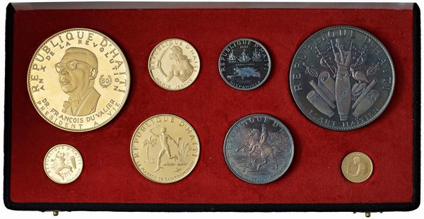 HAITI. REPUBBLICA (DAL 1804). SERIE COMPLETA DI OTTO VALORI (1.000, 200, 100, 50 E 20 GOURDES IN ORO; 25, 10 E 5 IN ARGENTO) 1967 IN ASTUCCIO ORIGINALE E CERTIFICATO DI EMISSIONE N. 159  - Asta MEDAGLIE DI VENEZIA. MONETE E MEDAGLIE IN ORO ESTERE - Associazione Nazionale - Case d'Asta italiane