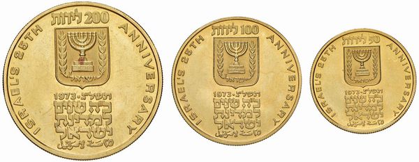 ISRAELE. TRE MONETE D’ORO (200, 100 E 50 LIROT 1973) PER IL 25° ANNIVERSARIO DELLO STATO DI ISRAELE. NELLA CUSTODIA DI PRESENTAZIONE ORIGINALE IN LEGNO D’ULIVO  - Asta MEDAGLIE DI VENEZIA. MONETE E MEDAGLIE IN ORO ESTERE - Associazione Nazionale - Case d'Asta italiane