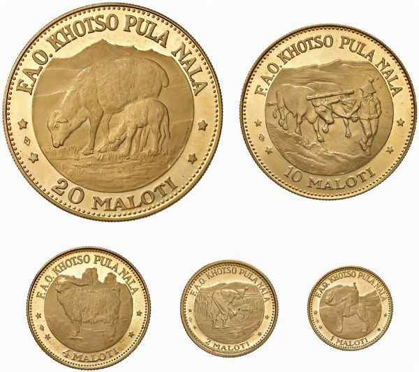 LESOTHO. MOSHOESHOE II (1966-1990). SET COMPLETO DI CINQUE MONETE D’ORO 916 A CORSO LEGALE (20, 10, 4, 2, 1 MALOTI 1969) IN ASTUCCIO ORIGINALE E CERTIFICATO DI EMISSIONE N. 144  - Asta MEDAGLIE DI VENEZIA. MONETE E MEDAGLIE IN ORO ESTERE - Associazione Nazionale - Case d'Asta italiane